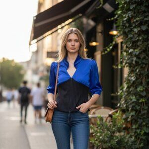 Kelle Women Dance Rave Costume Cyberpunk 1/2  Sleeve Cropped Top Blue Colorblock